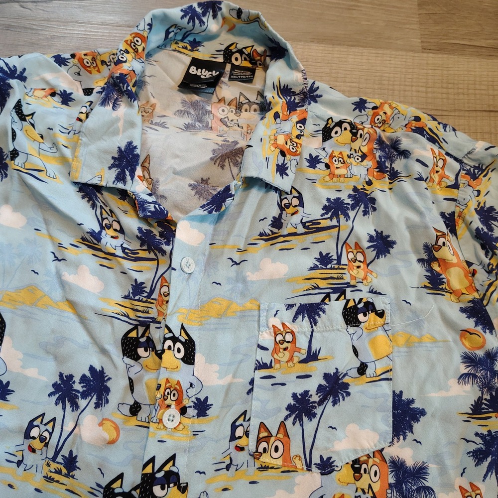 Bluey Mens Tropical Beach Button Down Shirt Blue XXL All Over Print Short Sleeve